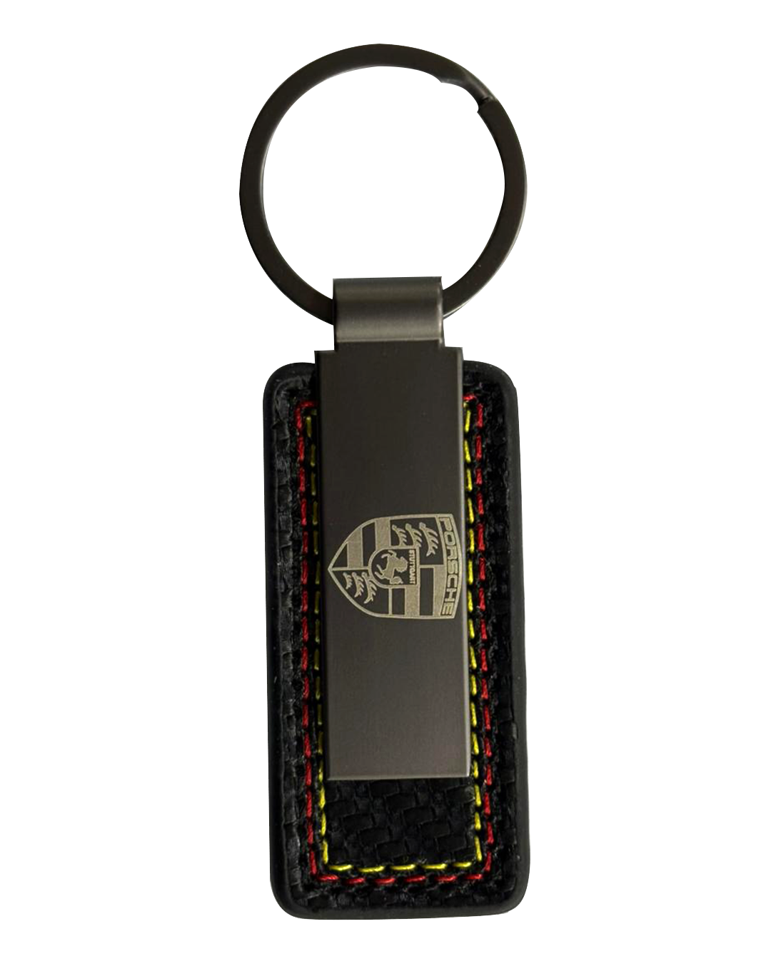 Porsche Metal Keyring on Carbon-Look Leather Strap